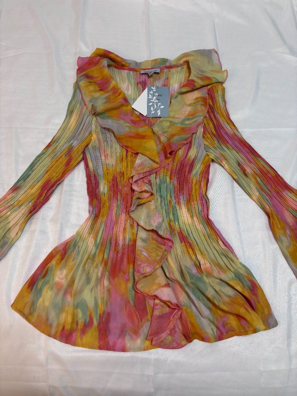 Floral & Ivy Multicolor Pleated Ruffle Watercolor Blouse Size M NWT